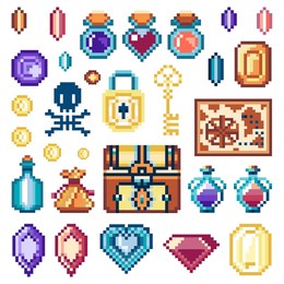 pixel art treasure hunting assets. game treasures clip arts set with gems and potions, golden chest with coins and magic crystals gaming sprites in 8 bit 2d design.