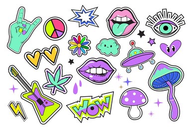psychedelic neon hippie stickers with mushrooms, mouth and eyes. vector illustration