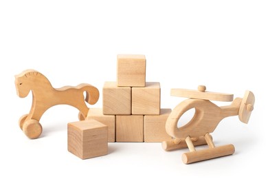 wooden toys on a white background. toy wooden