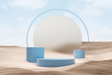 blue platform stand in desert, three cylinders and glass decoration. minimalist mockup stand for product display, advertising goods. product presentation, mock up copy space, 3d rendering