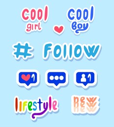 social media sticker set, colorful doodle drawing graphic blog notification, simple flat word phrase lettering. cool boy, cool girl, new, lifestyle, hashtag, follow, online web chat icon.