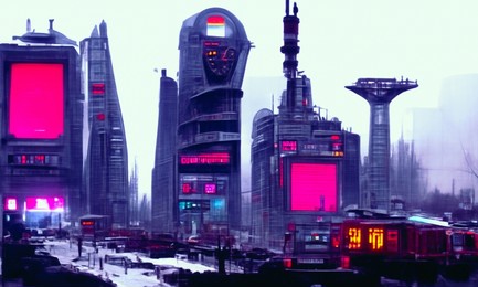 cyberpunk city in retro futuristic style. huge futuristic buildings with neon lights against gloomy grey sky. 3d illustration.