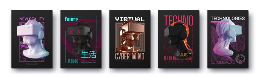 modern collection of posters in the style of techno, rave music and technology of the future virtual reality with plaster heads. print t-shirts isolated. hieroglyphics translated mean lifestyles