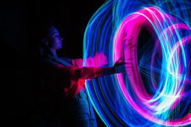 metaverse digital avatar, metaverse presence, digital technology, cyber world, virtual reality, futuristic lifestyle. woman in augmented reality, nft game with neon blur lines