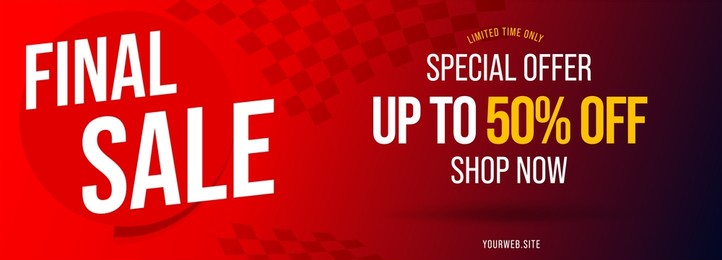 final sale special offer up to 50 percent off header banner. shop now promotion limited time only great discount red advertisement template design with website address illustration