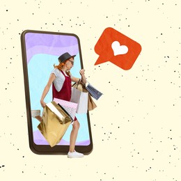 contemporary art collage. creative design of young excited woman, getting out phone screen with many shopping bags. shopaholic doing online shopping. concept of comfort, network, delivery service, ad