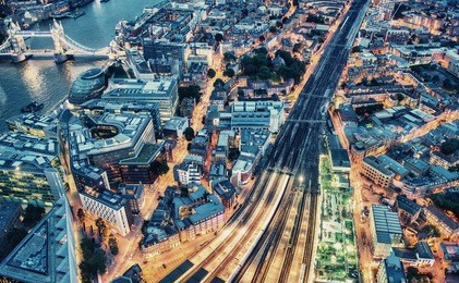 night aerial view of london.