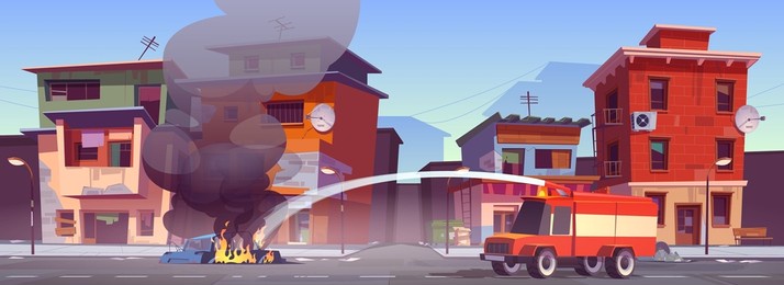 firetruck extinguishing burning car on ghetto area road. vector cartoon illustration of cityscape with poor dirty houses, broken car in fire and red emergency truck spraying water