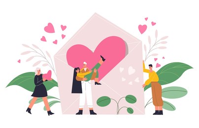 romantic people, couple in love with giant heart, valentines day concept. happy romantic characters red heart and love letter  illustration. valentines day concept love girlfriend and boyfriend