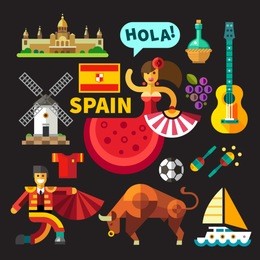 color vector flat icon set,  illustrations spain: architecture, palace, flag,  flamenco, bullfights, bull, corrida, toros, toreodor, guitar, grapes, mill, football, saling