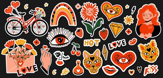 big set of cool stickers love cartoon style, funny comic character. hot love flirting concept. valentine's day. hand drawn. trendy modern design. sticker collection. vector clip-art
