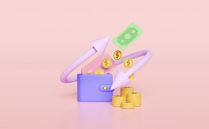 3d wallet with banknote, stacked coin money isolated on pink background. transfer arrows, cashback, saving money wealth business concept, 3d render illustration