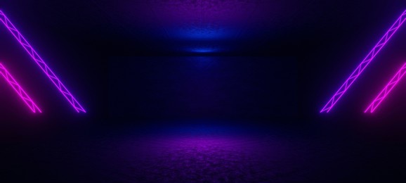 abstract space in futuristic corridor background, fluorescent ultraviolet light, mirror lines laser neon lines, geometric endless tunnel, 3d illustration, blue pink spectrum 3d render