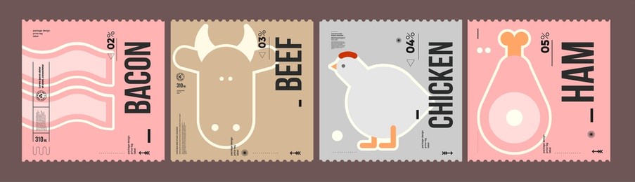 bacon, beef, chicken, ham. farmer's products. a set of vector labels in a modern, minimalist style. geometric icons and elements. 