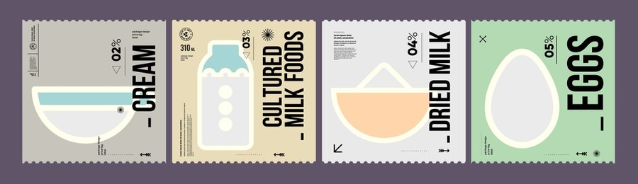 cream, cultured milk foods, dried milk, eggs. farmer's products. a set of vector labels in a modern, minimalist style. geometric icons and elements. 