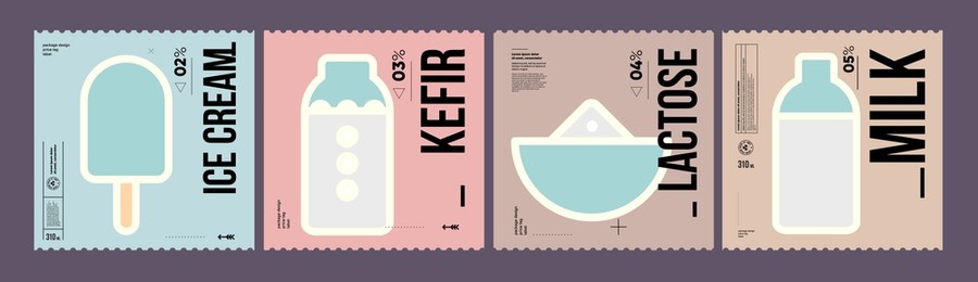 ice cream, kefir, lactose, milk. farmer's products. a set of vector labels in a modern, minimalist style. geometric icons and elements. 