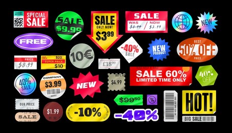 sticker pack. price stickers. peeled paper stickers. price tag. isolated on black background