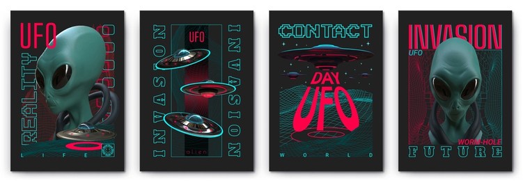 modern collection of acid ufo posters in the style of techno, rave music with neon 3d realistic alien psychedelics.world ufo day. print for clothing sweatshirts and t-shirts isolated background