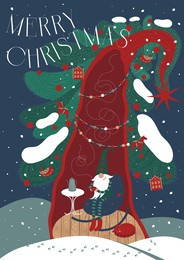 christmas dwarf drink tea. christmas greeting card. 