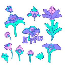 colorful flower set,  retro 60s, 70s hippie style. vintage psychedelic  vector design elements. isolated on white. great for stickers, patches and textile prints.