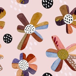 seamless pattern on pink background, hand drawn large watercolor flowers on pink background