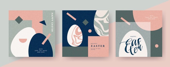happy easter set of cards, posters or covers in modern art style with geometric shapes and eggs. trendy minimalistic elegant templates for advertising, branding, congratulations or invitations