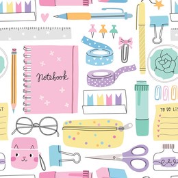 stationery planner seamless pattern. doodle cute school texture on white