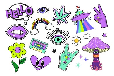 psychedelic neon hippie fashion patch badges with mushrooms, mouth and eyes. vector illustration