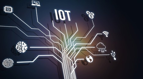 internet of things - iot concept. businessman offer iot products and solutions. internet, business, technology and network concept. 3d illustration.