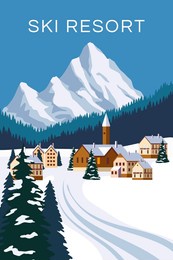 mountain vintage winter resort village alps, switzerland. snow landscape peaks, slopes. travel retro poster, vector illustration