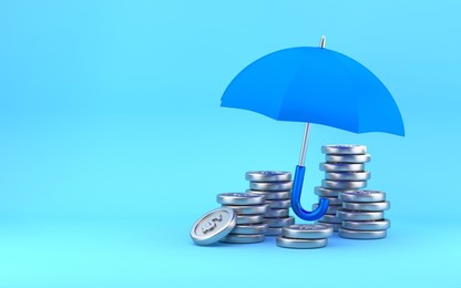 blue umbrella and a pile of coins. protecting coins with umbrella. financial safety concept. 3d rendering