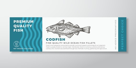 premium quality codfish vector packaging label design. modern typography and hand drawn fish silhouette. seafood product background layout