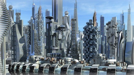 science fiction city with glass, metallic structures for futuristic or fantasy backgrounds
