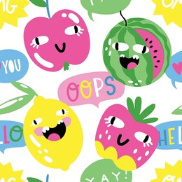 seamless pattern of funny crazy fruit stickers on a white background. vector illustration with funny inscriptions for children, for printing on wallpaper, gift paper and packaging, fabrics and web