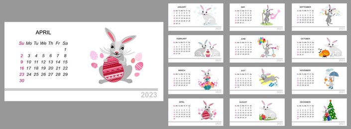calendar template for 2023 with funny bunny. cute rabbit calendar design concept,  new year character. set of pages for 12 months of 2023. desk calendar horizontal layout. week starts on sunday