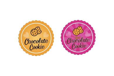 colorful luxury cookie label, sticker, - 2 chocolate cookies logo in pink and gold yellow