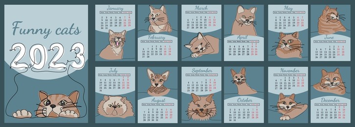 vector vertical calendar 2023 with funny cats in line art style. week starts from monday. set of 12 pages and cover in size a4 a3 a2 a5