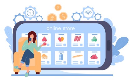 girl buys groceries in an online store. woman is sitting in a chair in front of a large smartphone and holding an apple. online shopping via smartphone application, mobile payment. vector illustration