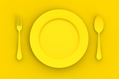 plate of yellow color on yellow background. next to plate are yellow spoon and fork. table items. horizontal image. 3d image. 3d rendering.