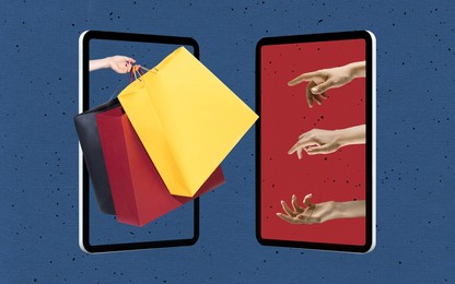 post-pandemic lifestyle. female hands sticking out tablet screen and making online shopping isolated over blue background. contemporary collage. sport, healthy lifestyle. copy space for ad