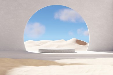 3d abstract podium and building on the desert against blue sky background. 3d rendering of realistic display podium for advertisement. 3d illustration.