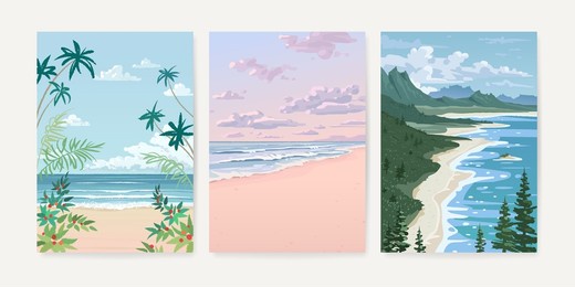 set of nature landscape background. hand drawn card, poster, banner or cover design template with tropical beach and forest. vector illustration