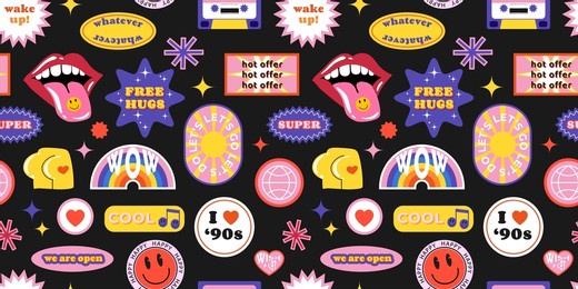 seamless pattern with y2k trendy retro stickers with smile faces, cartoon comic label patches. funky, hipster retrowave background. vector illustration, 90s graphic design badges backdrop.
