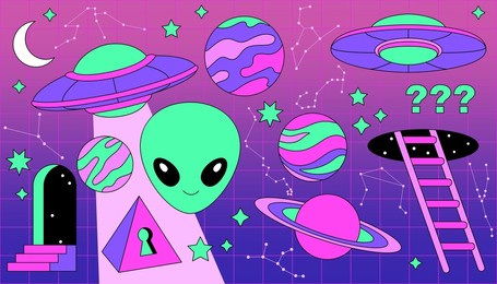 vector set of space elements. ufo, alien, space ship, planets, stars, constellations, cosmos. comic cartoon illustrations, neon colors, gradient checkered background.
