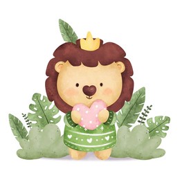 watercolor cute baby lion and plant