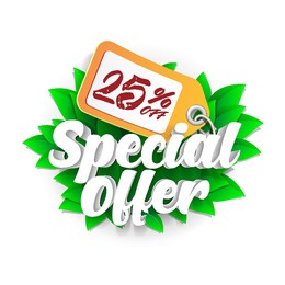 special offer label price 25% 3d green digits banner, template. leaves, summer, spring, season sale, discount. grayscale, numbers. illustration isolated on white background.