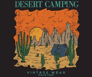 desert camping with cactus print design for t shirt and others. desert vibes vector artwork. 
