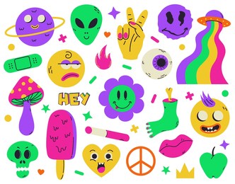 psychedelic surreal abstract neon stickers and funny cartoon elements. surreal heart, flower, skull emoji symbols  illustration set. neon hallucination characters. surrealism futuristic patch