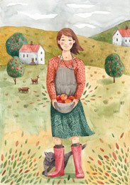 a watercolor illustration of a young woman standing on the green field and carrying apples in her apron. country landscape. farming and gardening. cosy autumn day. 
