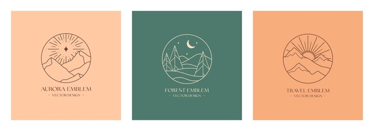 vector linear boho emblems with snowcapped mountain landscapes,forest.travel logos with mountains,sun,crescent moon,aurora lights or polar star.modern hike,camp,nature reserve or wildlife refuge label